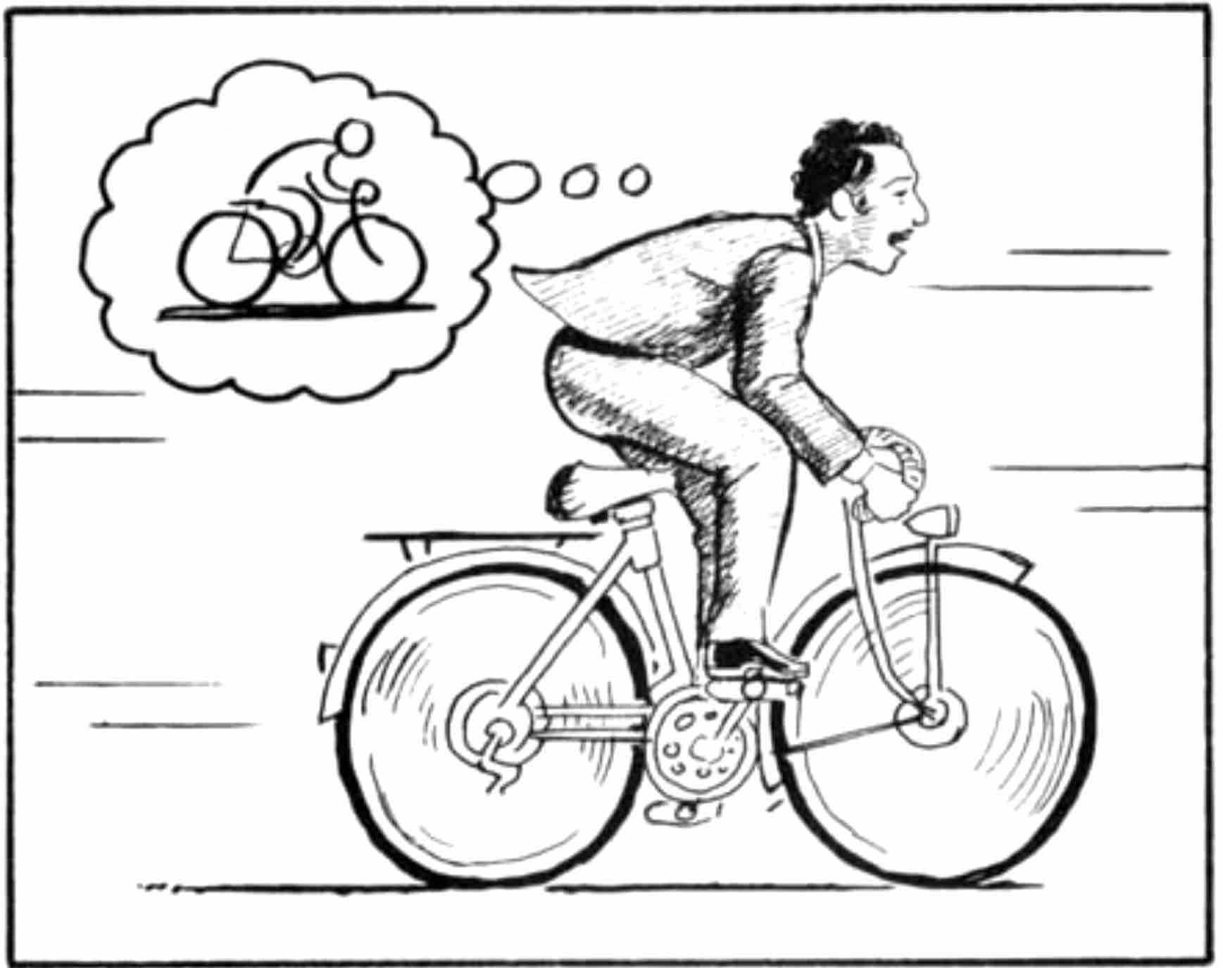 自転車を漕いでいる男性の頭の中では、自転車を漕いている自分という抽象的な像が浮かんでいる。