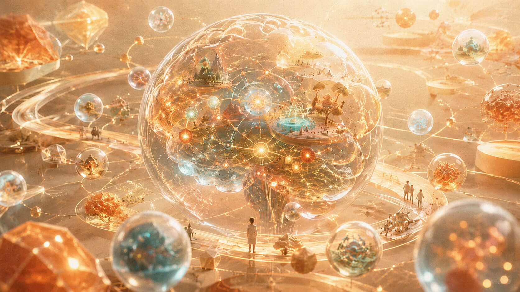 光る球体の中に街や森、噴水などの世界の縮図が浮かび、その周囲を小さな球体や光の軌跡が取り囲んでいる。中心に立つ人物が、因果関係でつながった深い世界像を見つめているイメージ。
