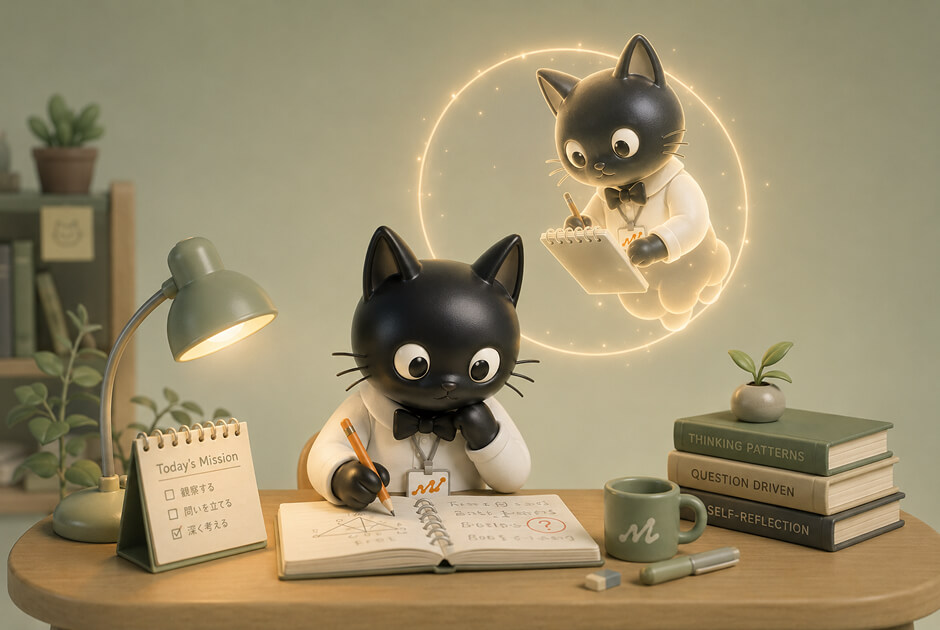 机に向かって考える黒猫と、その頭上に浮かぶもう一体の黒猫がノートを取りながら見守るイメージ。自分の思考を一段上から眺めるメタ認知の二階建て構造を表している。