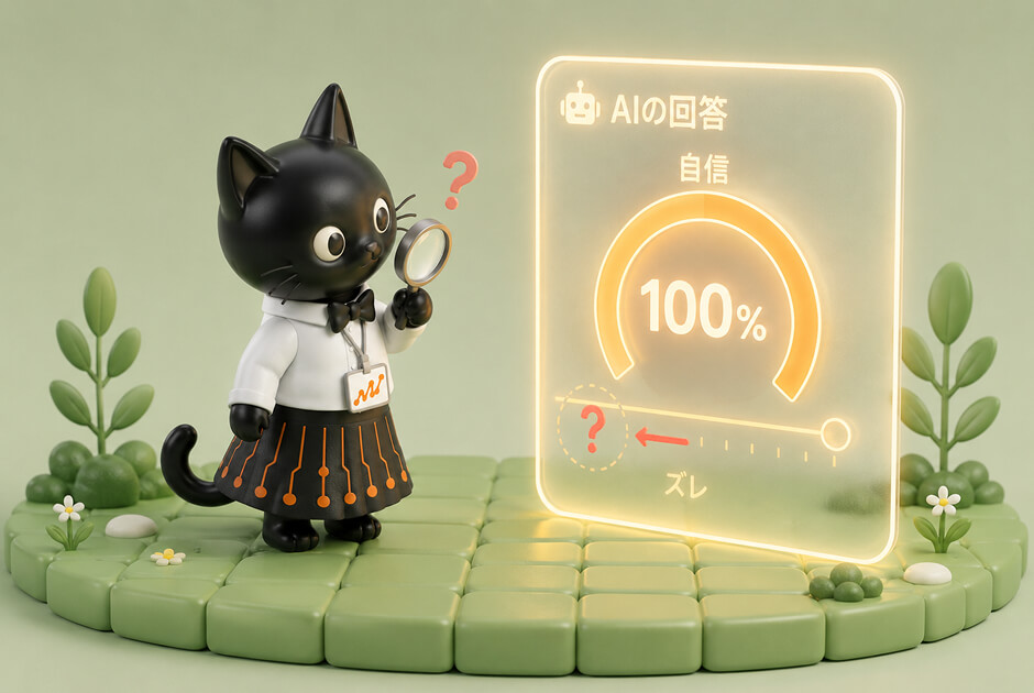 黒猫が虫めがねで、AIの回答パネルに映る『自信100%』のゲージと、その下の『ズレ』を確かめているイメージ。AIの自信と実力が一致しないことを表している。