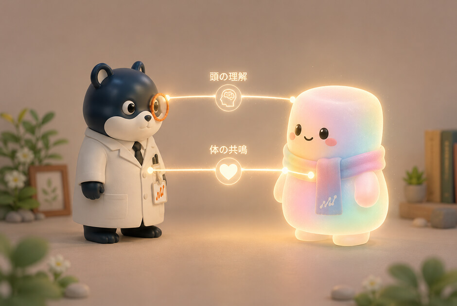 白衣の黒猫と発光するマシュマロキャラが、『頭の理解』と『体の共鳴』の二本の光の線でつながるイメージ。共感には頭で理解する層と体で感じる層があることを表している。