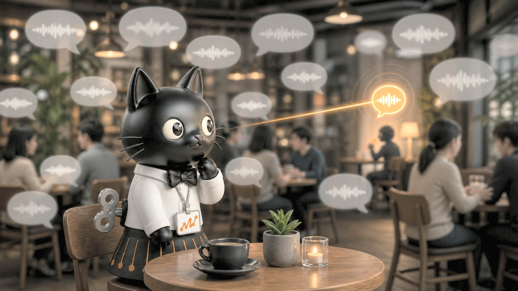にぎやかなカフェで、たくさんの音の吹き出しが飛び交う中、黒猫が離れた席から届くひとつの音だけに注意を向けているイメージ。数ある音から必要な情報を選び取る注意の働きを表している。