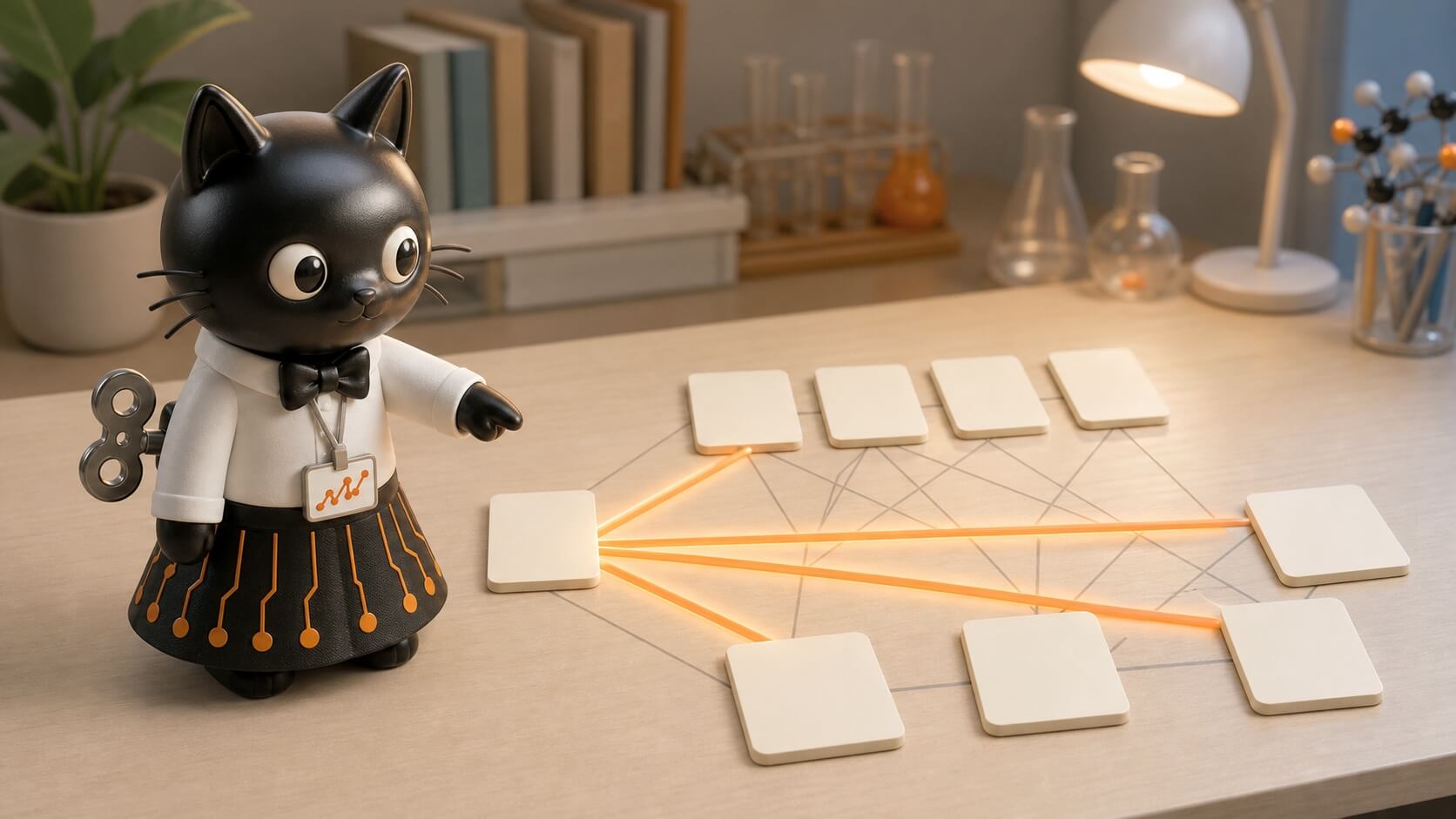 黒猫が研究机に並んだ空白のカードを見ながら、関係の深いカードへ太い光の線が伸びている様子を指し示しているイメージ。AIのアテンションが入力に重みづけする様子を表している。