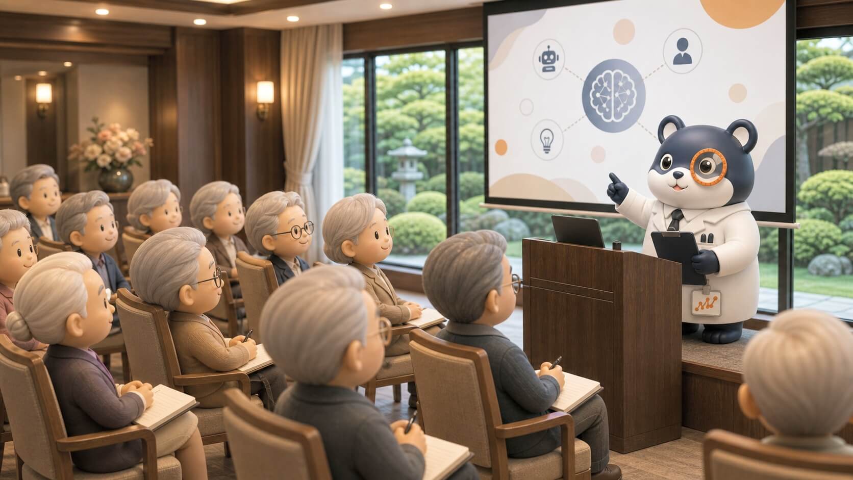 高級シニアレジデンスのセミナー会場で、ハムスターの講師が登壇し、フィギュア風のシニア参加者が熱心に耳を傾けているイメージ。AIセミナーに集まった人生の大先輩たちの知的な熱気を表している。