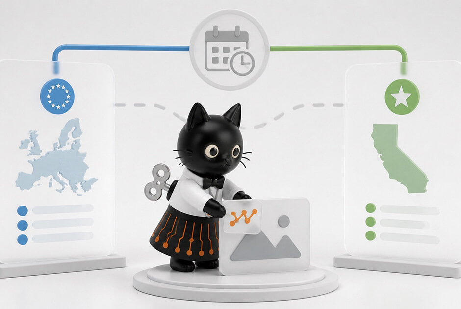 黒猫キャラクターが、EUとカリフォルニアを示す2つの抽象的なルールカードの間で、デジタル画像に透明なラベルを付けているイメージ。AI生成コンテンツの表示ルールが同じ日に動き出したことを表している。
