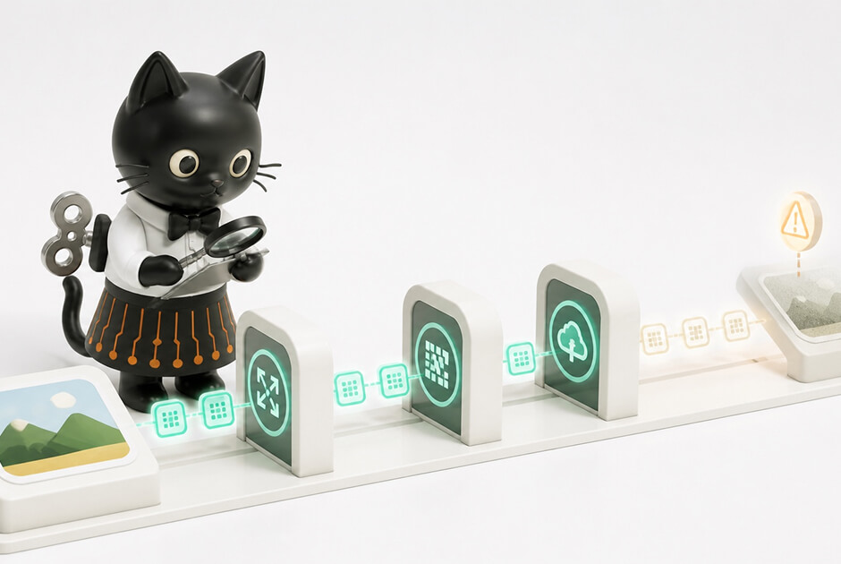 黒猫キャラクターが虫めがねで、画像ファイルの処理工程を流れるメタデータの鎖を見守っているイメージ。圧縮や再エンコードで来歴情報が薄れていくことを表している。