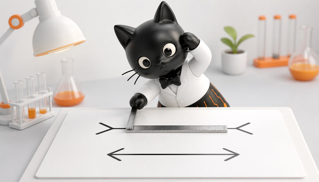 黒猫が同じ長さの2本の線（矢羽根が外向きと内向き）を定規で測りながら首をかしげているイメージ。知識では同じと分かっていても違って見えるミュラー・リヤー錯視を表している。