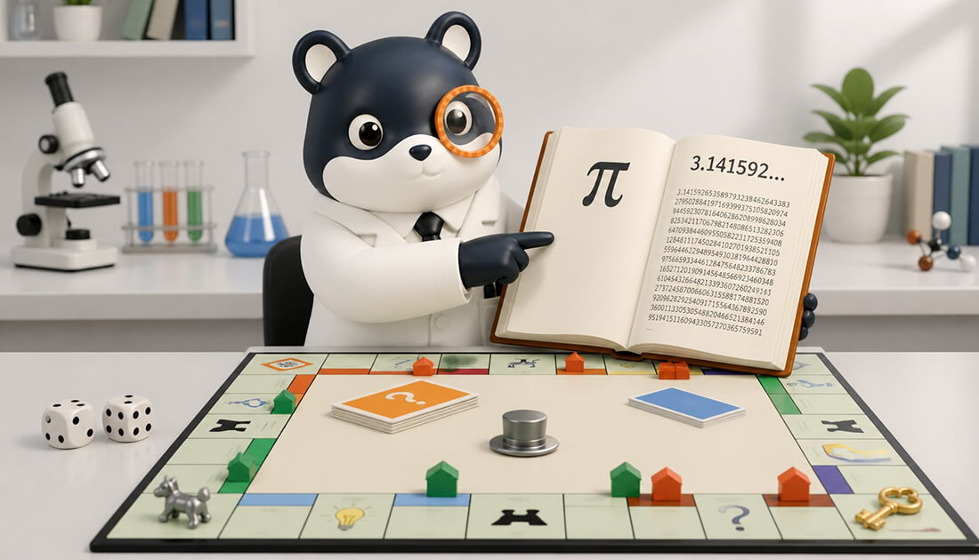 ハムスターがボードゲームの盤上で、サイコロの代わりに円周率の数字が並んだ本を開いて出目を決めているイメージ。乱数の出どころを秘密の鍵に置き換えるテキスト電子透かしの仕組みを表している。