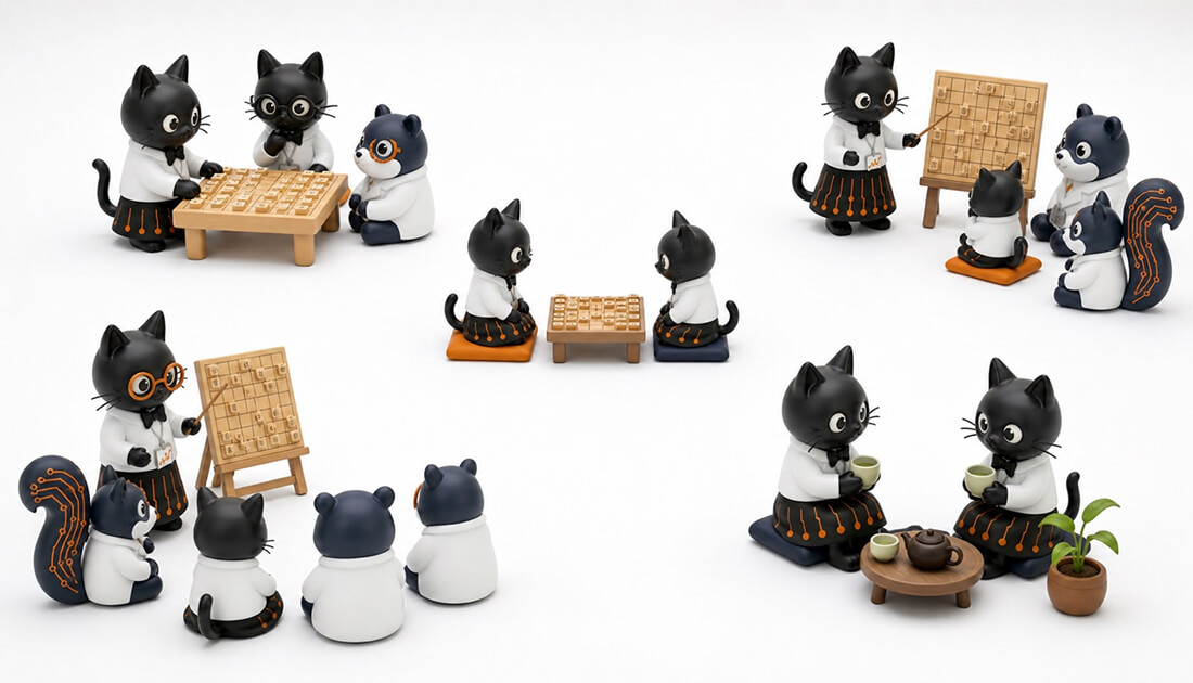 将棋盤を挟んで向かい合う2匹の猫を中心に、検討する猫・弟子に教える猫・観客に解説する猫・お茶を飲んで雑談する猫が輪になって取り囲んでいるイメージ。ゼロ和の対局を非ゼロ和の活動が包む構造を表している。