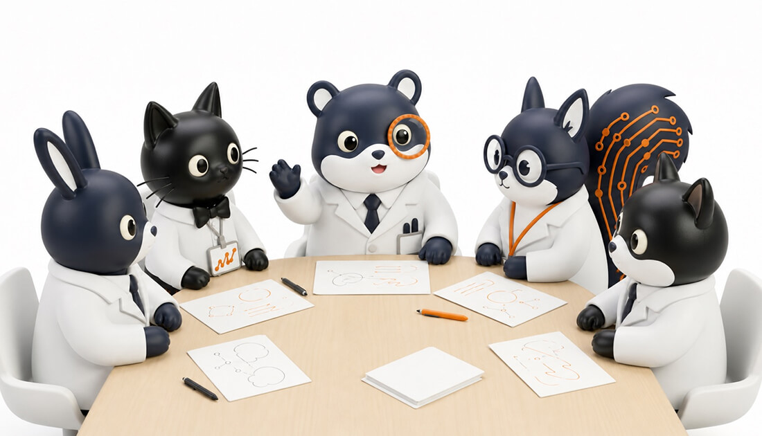 会議机を囲む動物たちのイメージ。手を挙げて言いかけのアイデアを話すハムスターに、他の動物たちがうなずいて耳を傾けている。心理的安全性の高いチームの様子を表している。