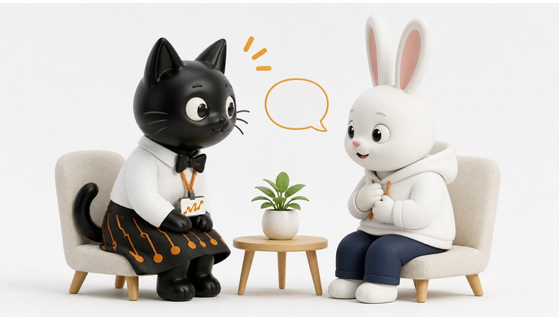 黒猫が肩を落としたうさぎの話を聴いているイメージ。うなずき、体を相手のほうへ向け、「それは悔しかったね」という吹き出しを返している。共感が伝わる形を表している。