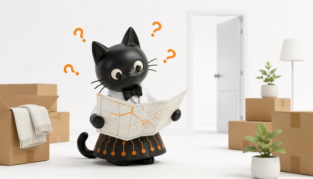 黒猫が段ボールに囲まれた新居で地図を広げ、首をかしげているイメージ。予測が立たない環境では脳が消耗することを表している。