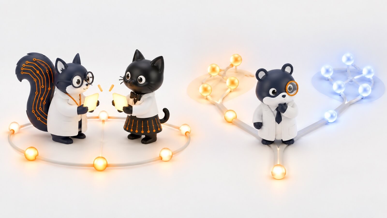 白衣のリスと黒猫が光るカードを交換し、少し離れたハムスターが暖かな光の集まりと青白い未知の集まりの分岐を見ているイメージ。会話で意見が近づくことと、安心できる相手か新しい情報かを選ぶ様子を表している。
