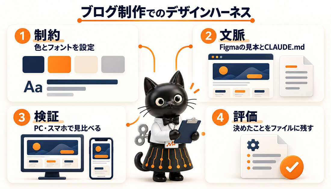 ブログTOPページのFigma化で使った仕組みを4つの層に当てはめた図。制約はテーマ設定の色とフォント、文脈はFigmaデザインとCLAUDE.md、検証はPCとスマホのキャプチャ比較、評価は決めたことを設定ファイルに書き残すこと。