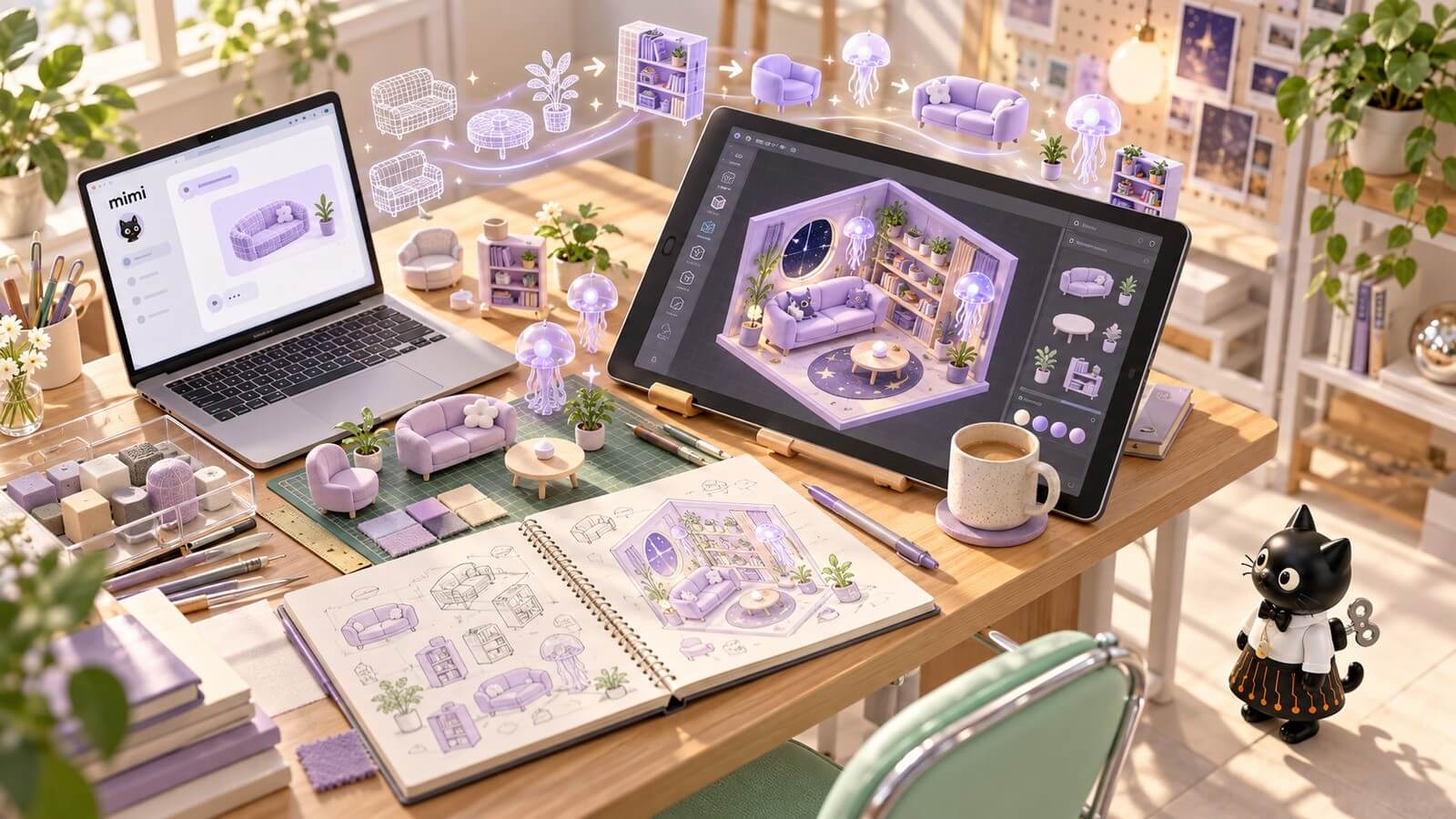 AIの相棒mimiと3Dの部屋づくりを進める制作デスクのイメージ